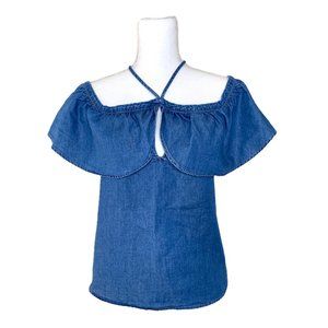 Express Women’s Blue Denim Ruffle Cold Shoulder Halter Top Blouse, Size Small